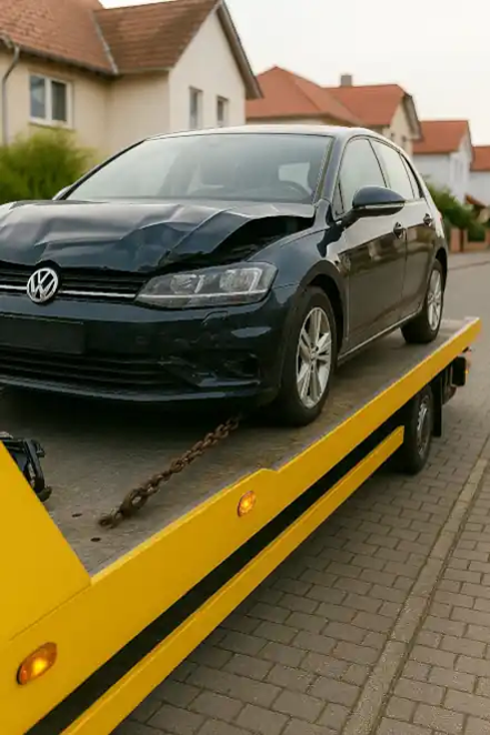 Ein defektes Auto, das in Elmshorn zum Autoankauf abgeschleppt wird.